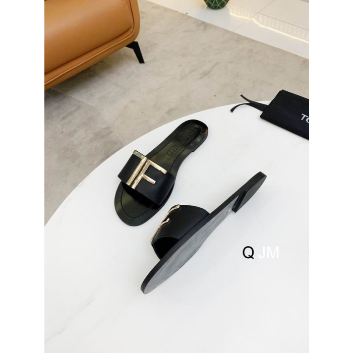 Tom Ford Women Leather TF Logo Flat Slide In Black
