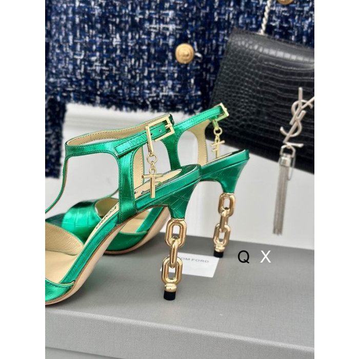 Tom Ford 10.5cm Metal Chain Stamped Crocodile Leather Angelina Sandal In Green