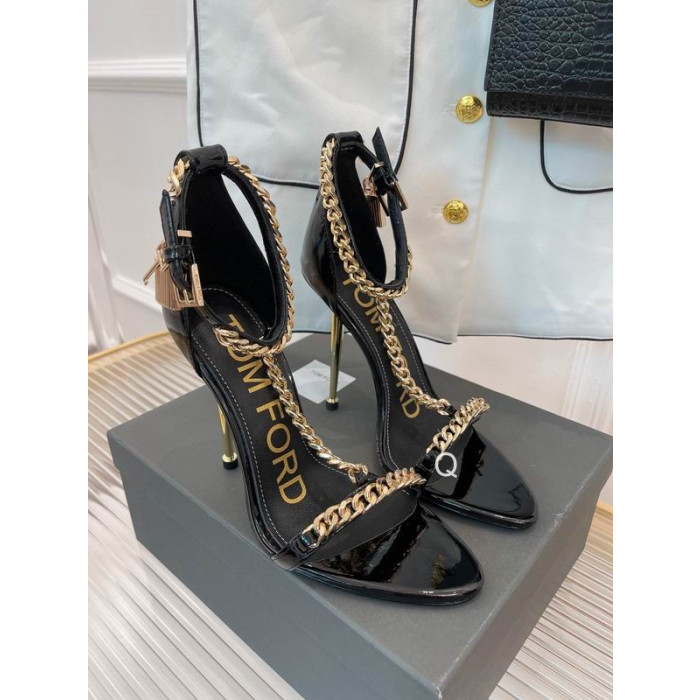 Tom Ford Patent Leather Chain Point-Toe Ankle-Strap Sandals In Black
