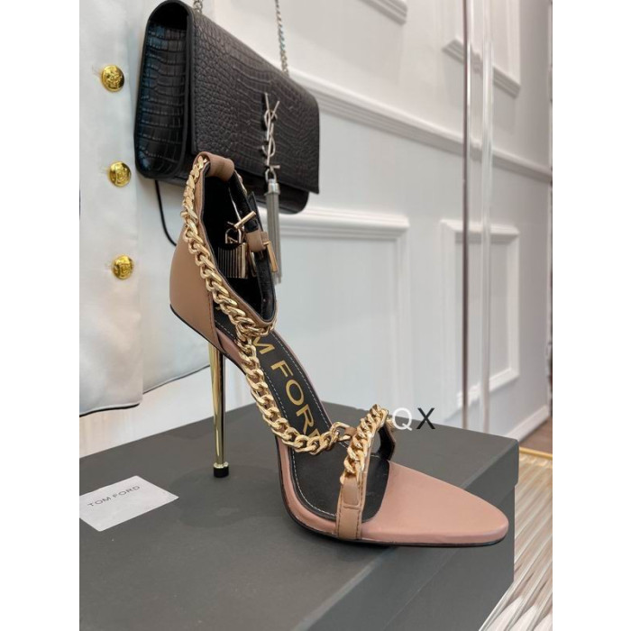 Tom Ford Leather Chain Point-Toe Ankle-Strap Sandals In Nude