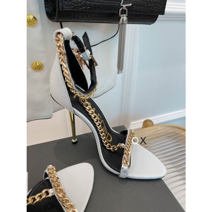 Tom Ford Leather Chain Point-Toe Ankle-Strap Sandals In White