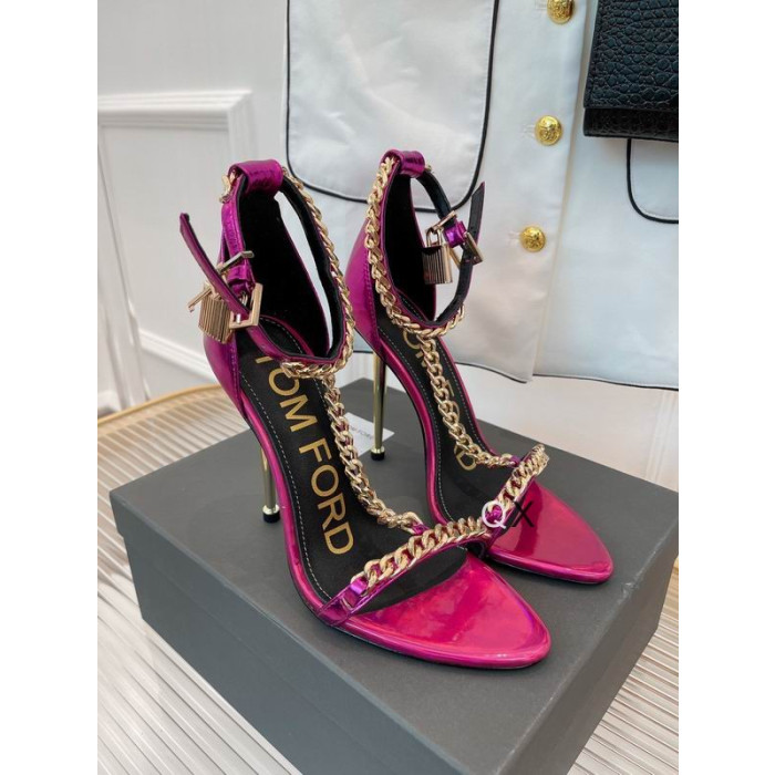 Tom Ford Patent Leather Chain Point-Toe Ankle-Strap Sandals In Rose Red