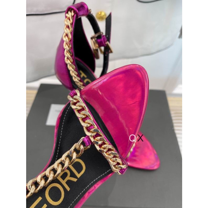 Tom Ford Patent Leather Chain Point-Toe Ankle-Strap Sandals In Rose Red