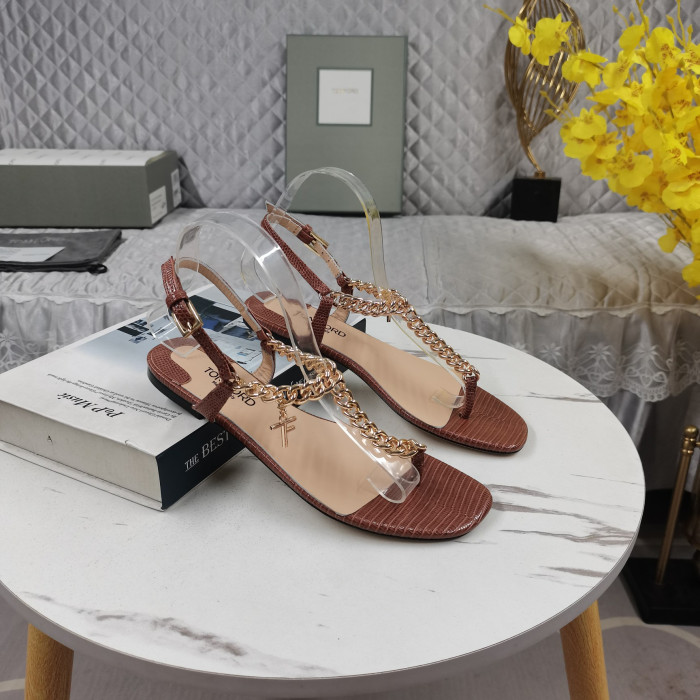 Tom Ford Zenith Chain-Embellished Lizard-Effect Leather Slingback Sandal In Brown
