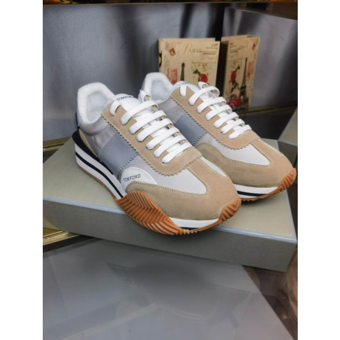 Tom Ford Suede Technical Fabric James Sneaker In White/Brown 007