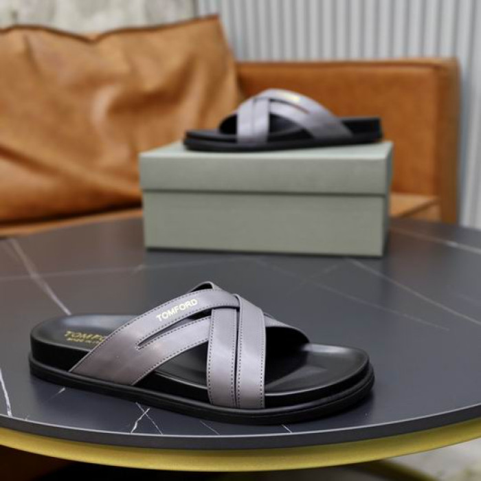 Tom Ford Men's Leather Cross Slippers In Grey