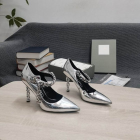 Tom Ford Patent Leather Metal Chain Pointed High Heels In Silver