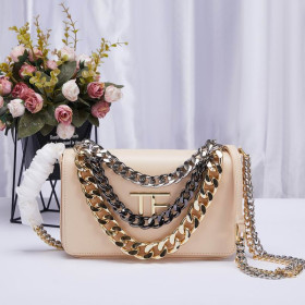 Tom Ford Gold Silver Chain full leather Shoulder Bag Purse Leather In Apricot 