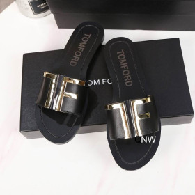 Tom Ford Leather TF Logo Flat Slide In Black