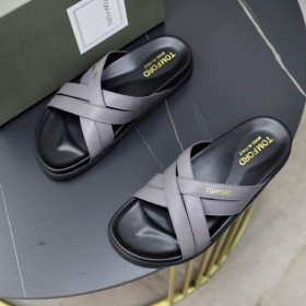 Tom Ford Men's Leather Cross Slippers In Grey
