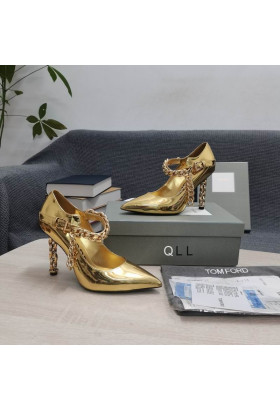 Tom Ford Patente De Couro, Corrente De Metal Apontou Salto Alto Em Ouro