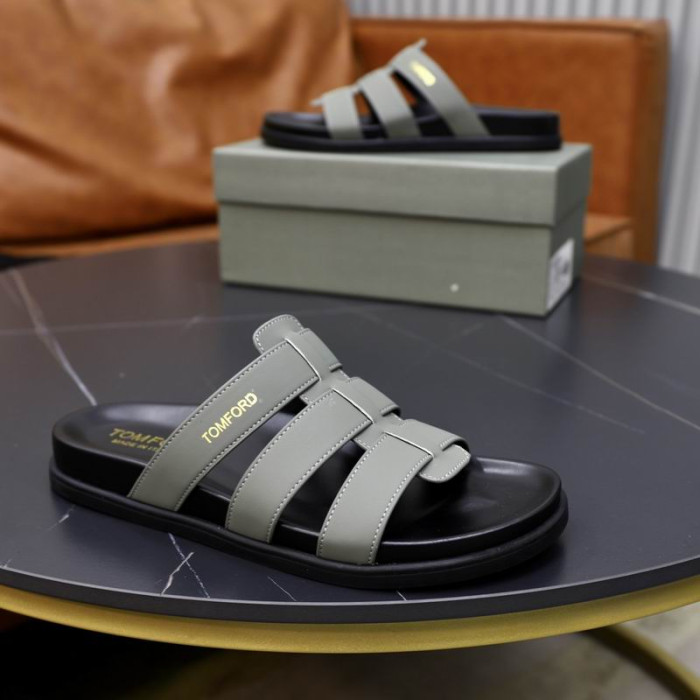 Tom Ford Bhfear Leathar Smeach-Flops I Grey01