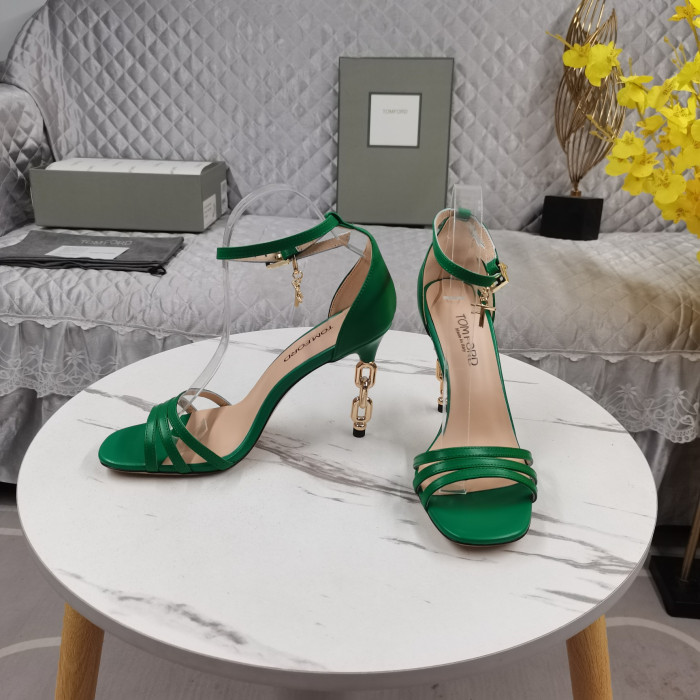 Tom Ford(トム-フォード10.5cm革の金属チェーンのハイヒールサンダルグリーン