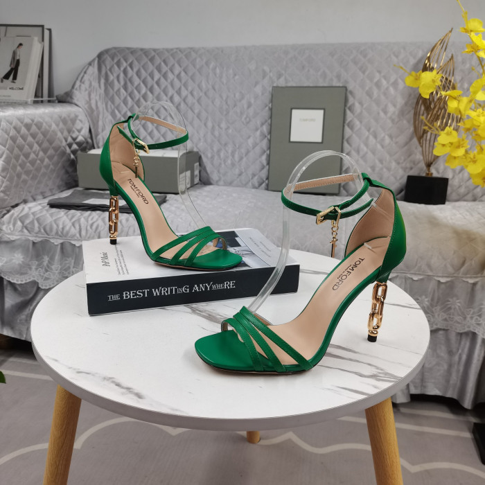 Tom Ford(トム-フォード10.5cm革の金属チェーンのハイヒールサンダルグリーン