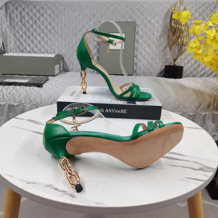 Tom Ford(トム-フォード10.5cm革の金属チェーンのハイヒールサンダルグリーン