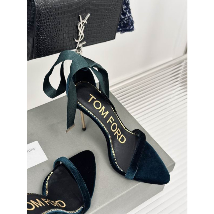 Tom Ford(トム-フォード10cmシルクサテン中空ストラップサンダルグリーン