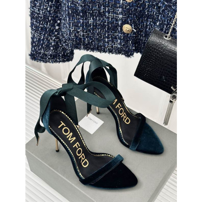 Tom Ford(トム-フォード10cmシルクサテン中空ストラップサンダルグリーン