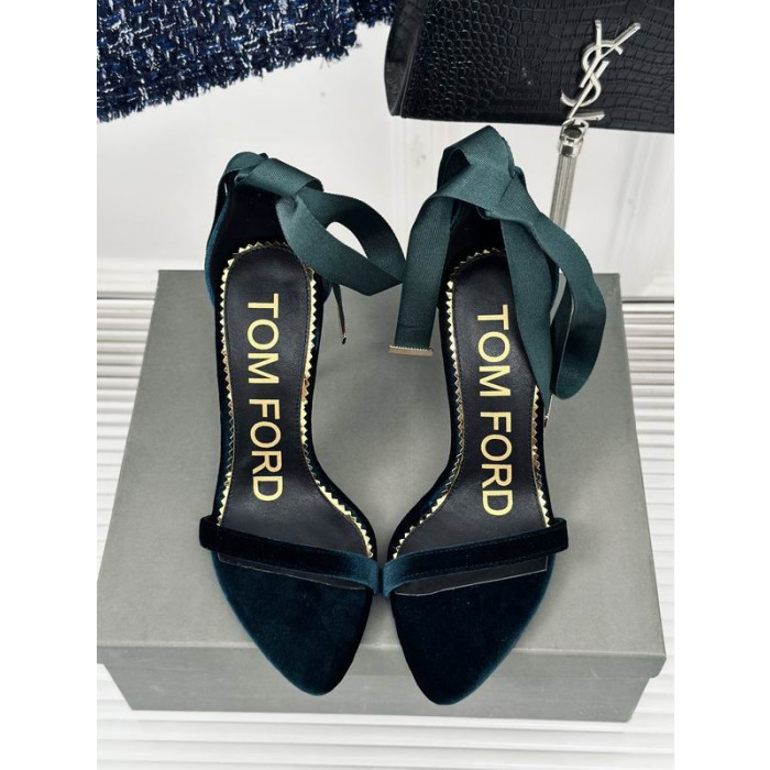 Tom Ford(トム-フォード10cmシルクサテン中空ストラップサンダルグリーン