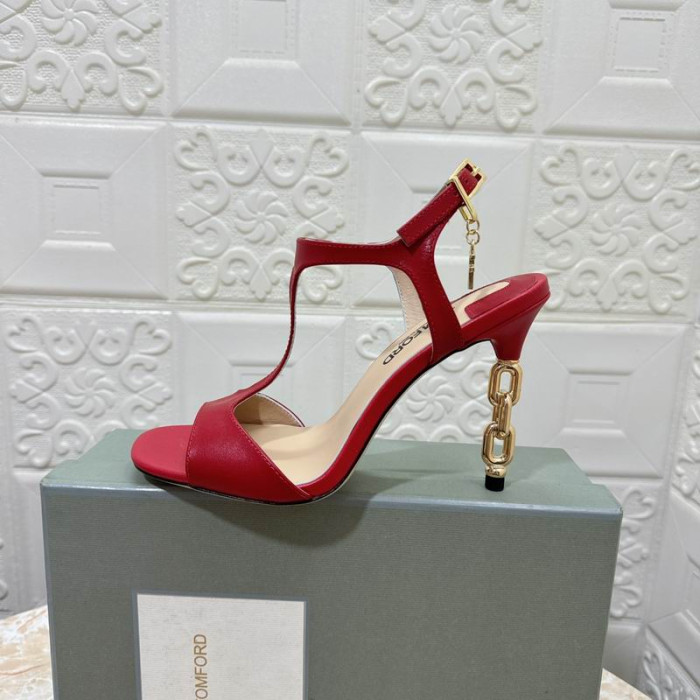 Tom Ford 10,5 cm Skinnende Skinn Sølv Metall Kjede Angelina Sandal I Rødt