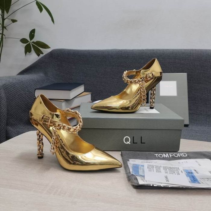Tom Ford, Lakierowana Skóra, Metalowy Łańcuch, Wskazał Wysokie Obcasy Ze Złota