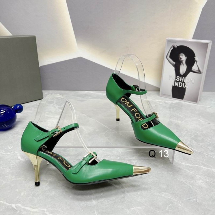 Skórzane czółenka Tom Ford długości 7,5 cm, z dwoma paskami i Metalowym czubkiem Zielony