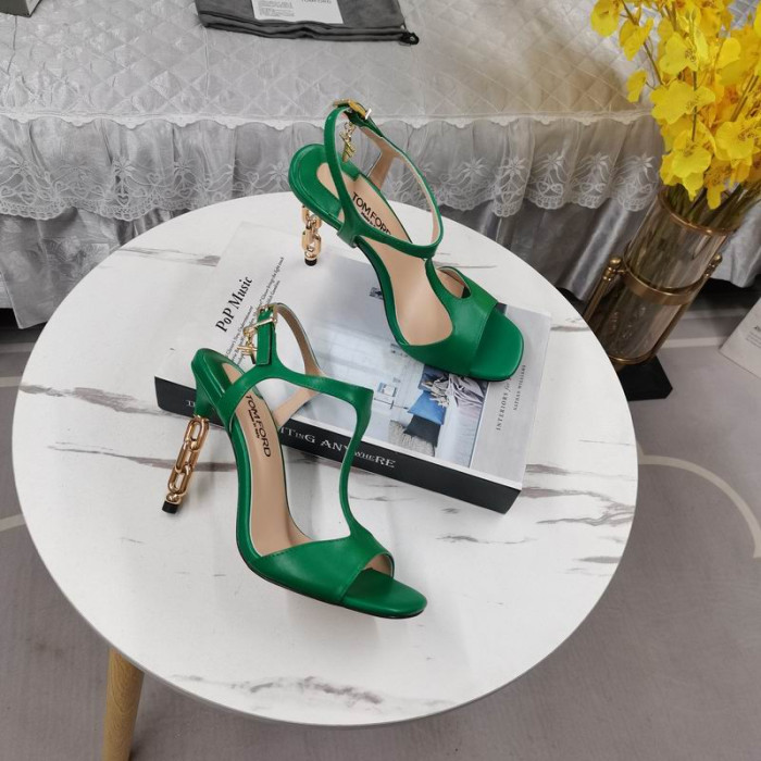 Tom Ford 10.5 cm Lesklé Kožené Zlaté Kovové Reťaze Angelina Sandál V Zelenom
