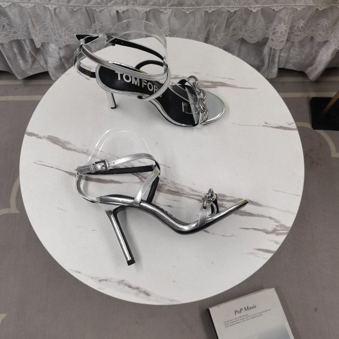 톰 포드 10.5cm 죽 골드 체인 실버 샌들