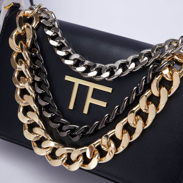 Torba Preko ramena, od prirodne kože sa Zlatnim Srebrnim Lancem Tom Ford, Novčanik Od Prave kože Crne Boje 