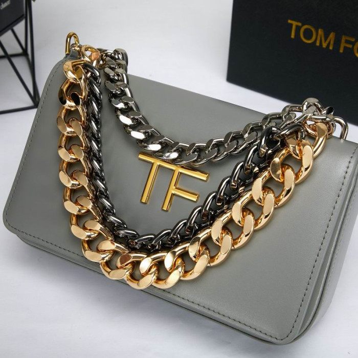 Torba Preko ramena, od prirodne kože sa Zlatnim Srebrnim Lancem Tom Ford, Kožnu Torbu Sive Boje 