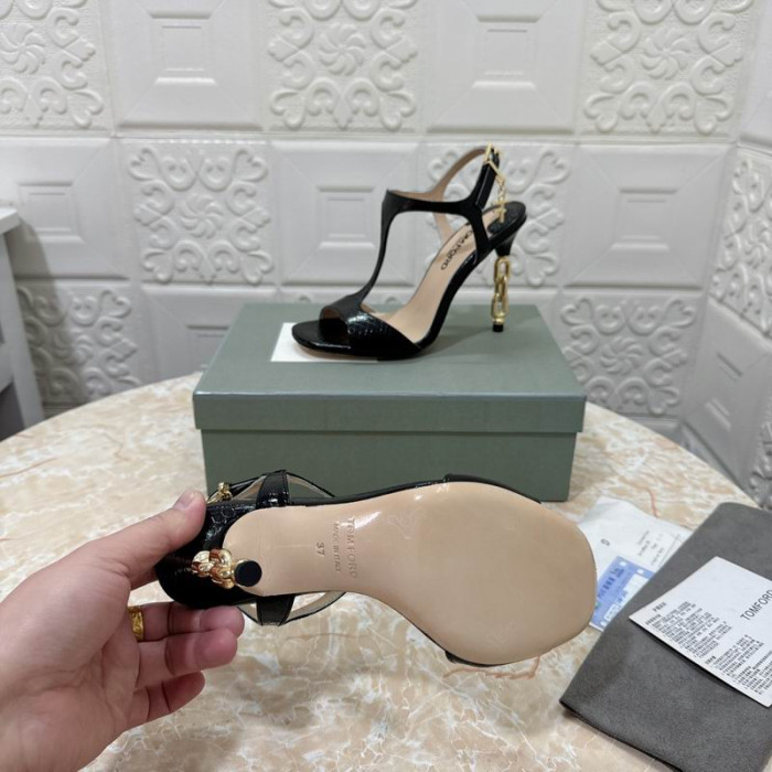 Tom Ford 10,5 cm Stämplad Snakeskin-Läder Metall Kedja Angelina Sandal I Svart