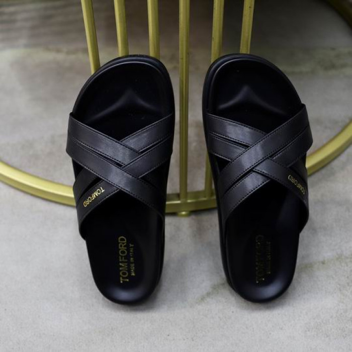 Tom Ford för Män Läder Kors Tofflor I Svart