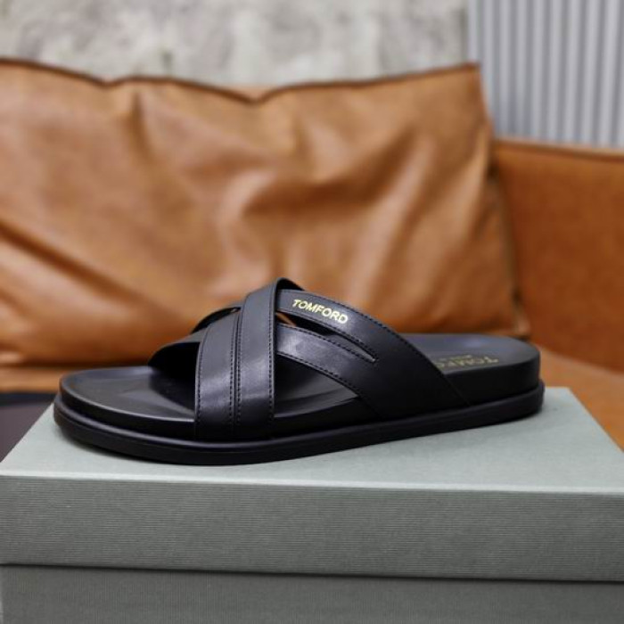 Tom Ford för Män Läder Kors Tofflor I Svart