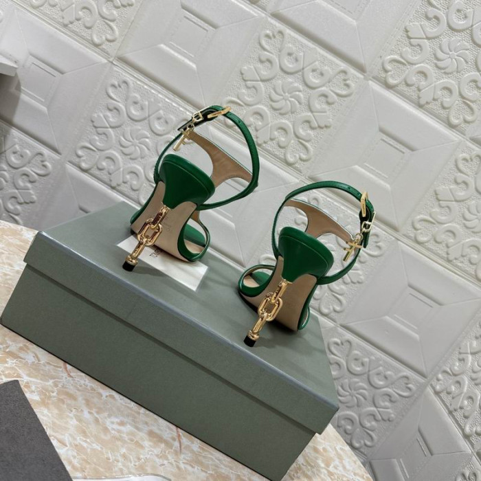 Tom Ford 10,5 cm Parlak Deri Gümüş Metal Zincir Angelina Sandalet Yeşil