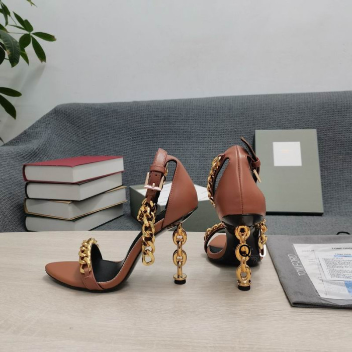 Kahverengi Tom Ford Deri Metal Zincir Sivri Sandalet