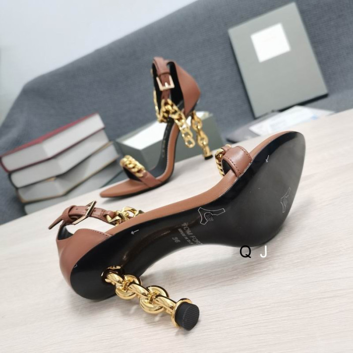 Kahverengi Tom Ford Deri Metal Zincir Sivri Sandalet