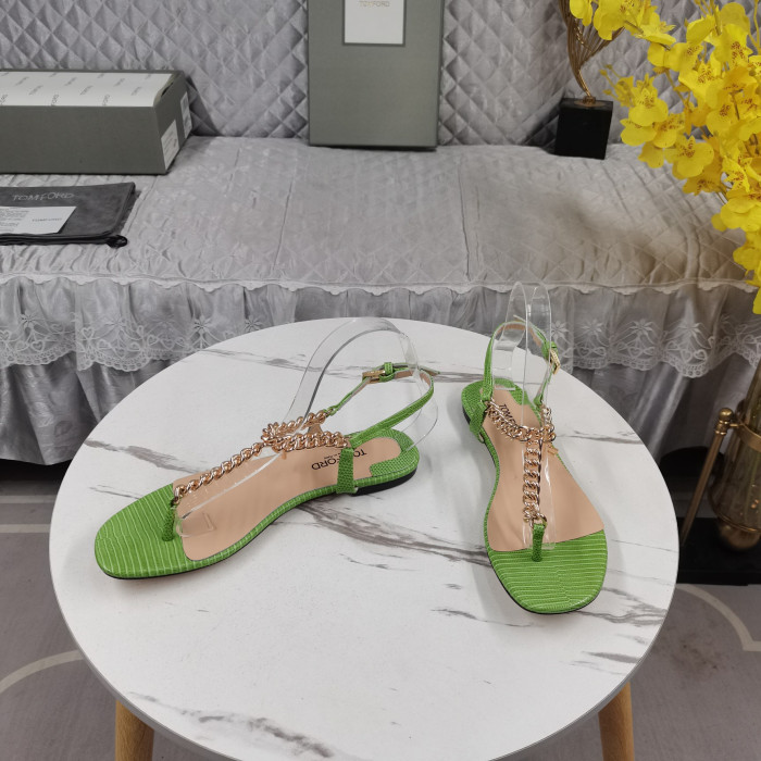 Yeşil Renkte Tom Ford Zenith Zincir Süslemeli Kertenkele Efektli Deri Arkası Açık Sandalet