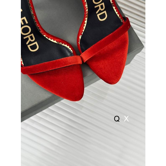 Tom Ford 10cm İpek Kurdele Kadife Sandalet Kırmızı