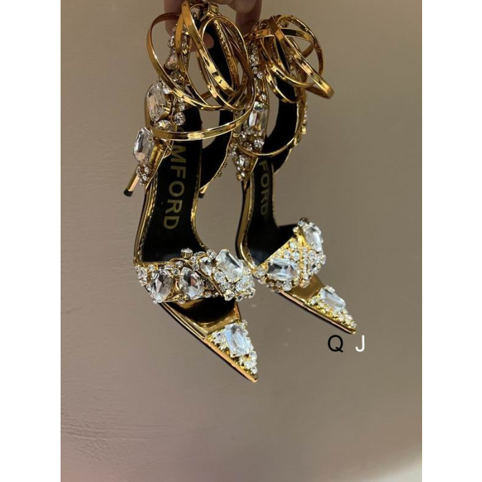 Tom Ford Inspirado Grueso Rhinestone Sandalias Metálicas En Oro
