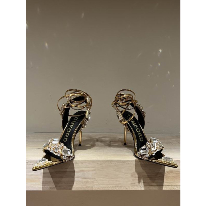 Tom Ford Inspirado Grueso Rhinestone Sandalias Metálicas En Oro
