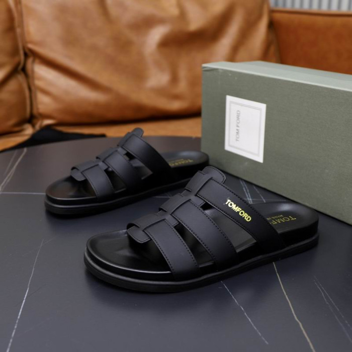 Tom Ford de los Hombres de Cuero Flip Flops En Black02