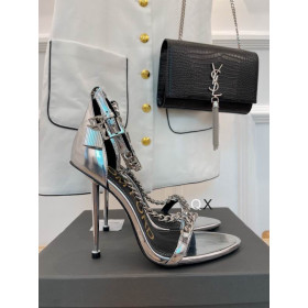 Tom Ford De Cuero De Patente De La Cadena De Punto-Dedo Del Pie Del Tobillo Correa De Las Sandalias De Plata