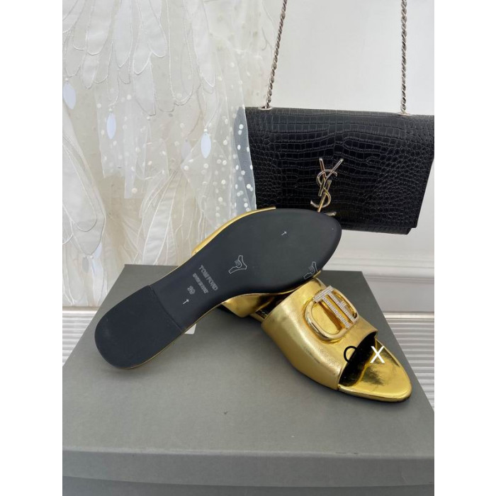 Tom Ford Brevet Cuir TF Logo Slide En Or