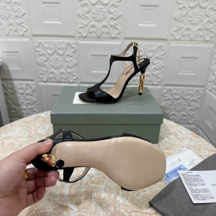 Tom Ford 10,5 cm Glänzend Leder Silber Metall Kette Angelina Sandale In Schwarz
