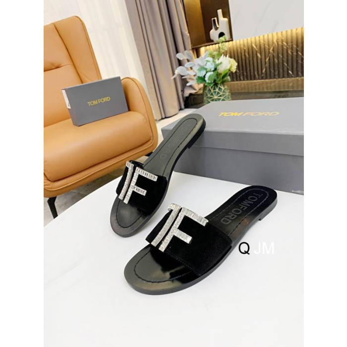 Tom Ford Women Velvet TF-Logo-Flat-Slide In Schwarz