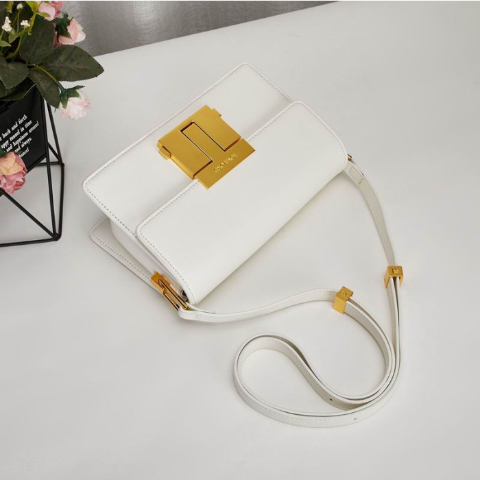 Tom Ford Leder-Und Gold-Logo-Schnalle Mini-Schultertasche In Weiß 