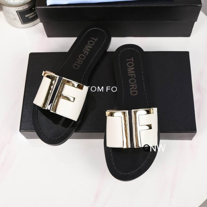 Tom Ford Leather TF Logo Flat Slide In Weiß